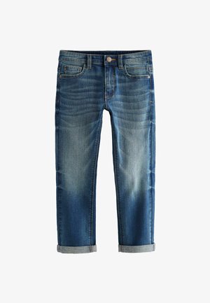 Jean en denim bleu foncé avec une finition délavée, revers roulés, cinq poches et bouton en métal traditionnel pour la fermeture. Conception slim fit.