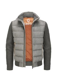 Graue gepolsterte Jacke mit Reißverschluss, strukturierten grauen Strickärmeln und einem orangefarbenen Innenfutter mit einem Logo. Akzente in Gold mit Reißverschlüssen.