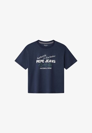 Granatowy bawełniany t-shirt z krótkim rękawem, z białym i zielonym napisem: "Authentic and Exclusive PEPE JEANS PORTOBELLO ROAD."