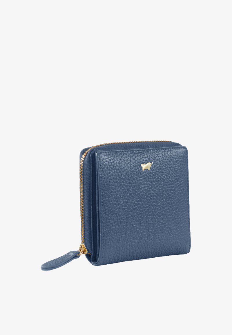 Blue leather wallet with a textured surface and gold zipper. Features a small gold logo detail on the front. Compact square shape.