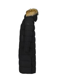 Schwarzer gepolsterter Wintermantel mit Kapuze aus Kunstfell, Reißverschlusstaschen und langer Silhouette. Strukturierte Isolation für Wärme. Seitenschlitze für Bewegungsfreiheit.