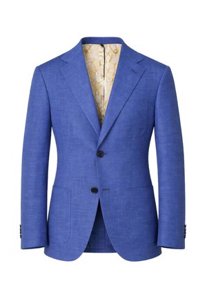 Blazer da uomo blu con due bottoni neri, rever a sciallatura, tasche a toppa e fodera interna beige con motivo visibile.