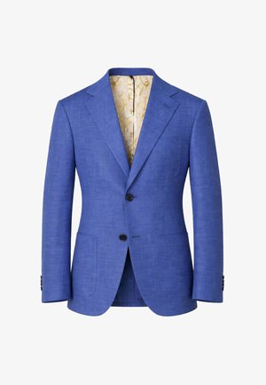 Blazer da uomo blu con due bottoni neri, rever a sciallatura, tasche a toppa e fodera interna beige con motivo visibile.