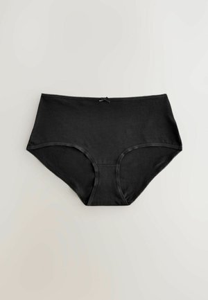 Schwarze Baumwollunterwäsche mit hoher Taille, die über eine glatte Textur, zarte Spitze am Bund und eine kleine dekorative Schleife auf der Rückseite verfügt.