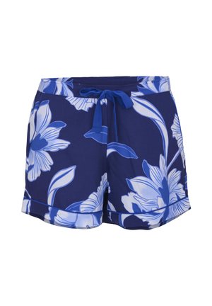 Granatowe szorty z dużym białym i niebieskim kwiatowym nadrukiem, z wiązaniem z przodu w pasie i podwiniętym zakończeniem nogawek.