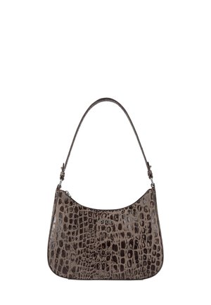 Crocodile-textured shoulder bag in grey-brown leather with a curved design, a detachable strap, and logo accent on the front.