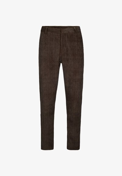 Pantaloni in velluto a coste marroni con righe verticali, vestibilità aderente, vita standard e senza tasche visibili o dettagli in metallo.