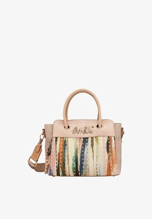 Lederhandtasche mit pastellfarbenem, mehrfarbig gestreiftem Design und Polka-Dots. Strukturierte Form, zwei obere Griffe und abnehmbarer Schulterriemen.