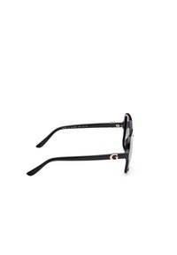 Black plastic sunglasses with a rectangular shape, featuring metal accents and a polished finish. Logo detail on the temple.
