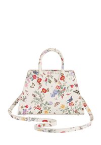 Floral-patterned handbag made of white synthetic material, featuring two handles and a detachable shoulder strap. Compact rectangular shape.