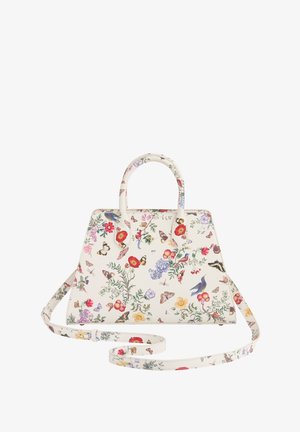 Roza torbica z vzorcem cvetja, izdelana iz belega sintetičnega materiala, z dvema ročajema in snemljivim ramenskim trakom. Kompaktna pravokotna oblika.