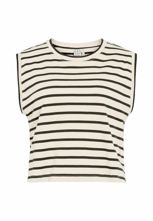 Haut court sans manches avec larges épaulettes, présentant des rayures horizontales noires et blanches et un col rond.