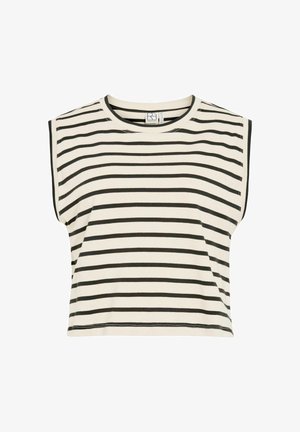 Haut court sans manches avec larges épaulettes, présentant des rayures horizontales noires et blanches et un col rond.