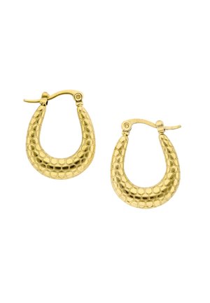 Para złotych kolczyków kołowych z teksturowanym wzorem plastra miodu i zawiasowymi zapięciami.
