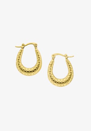 Paar goldene Creolen mit strukturiertem Wabenmuster und klappbaren Verschlüssen zum Befestigen.