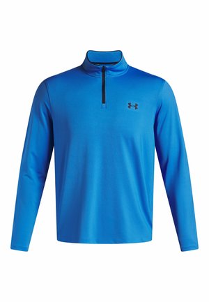 Sininen pitkähihaiseta pullover, jossa on neljännesvetoketju-kaulus, valmistettu sileästä kankaasta. Rinnassa musta logo. Kevyt malli.