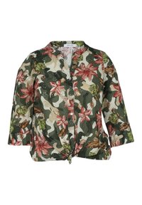 Bloemenblouse met groen camouflagemotief, met roze en crèmekleurige bloemen, korte mouwen, ronde halslijn en een knoopdetail aan de voorzijde van de zoom.