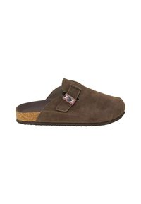 Brown suede clog with a rounded toe, adjustable buckle closure, and a cork footbed. Features textured rubber sole for grip.