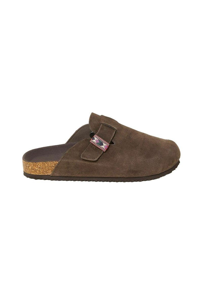 Brown suede clog with a rounded toe, adjustable buckle closure, and a cork footbed. Features textured rubber sole for grip.