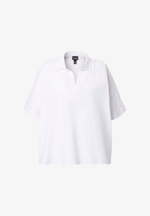 Weißes kurzärmliges Poloshirt aus leichtem Stoff. Hat einen V-Ausschnitt und einen lässigen Schnitt, mit subtiler Textur und ohne sichtbare Muster.