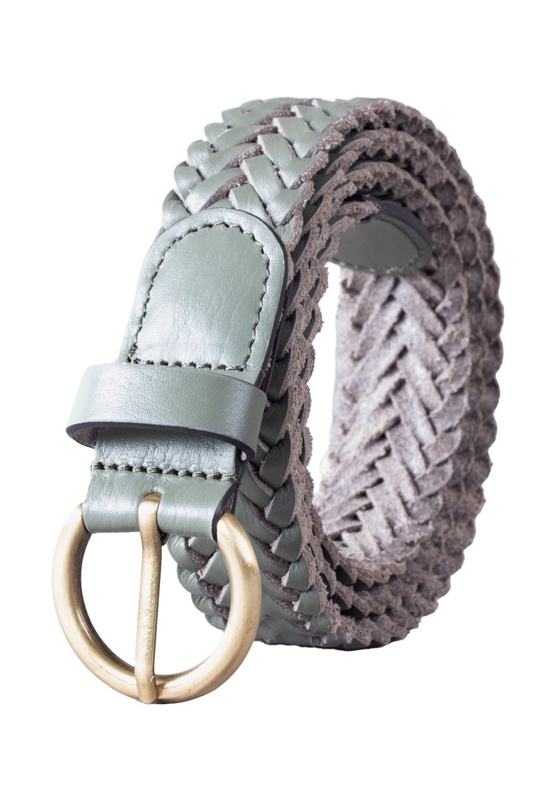 Braided leather belt in muted green with a smooth finish, featuring a brass buckle and an inner suede texture. Accented with stitched details.