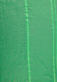 Tissu vert avec une texture subtile, de petites taches multicolores, et deux rayures verticales en satin allant de haut en bas.