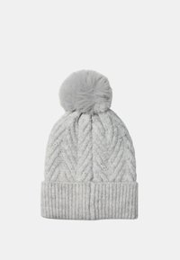 Gray knitted beanie with a cable pattern, featuring a fluffy gray pom-pom on top and a ribbed brim. Texture appears soft.