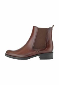 Bottines Chelsea en cuir brun avec des panneaux élastiques sur les côtés, texture lisse, bout arrondi et petit talon bloc. Comprend une languette au dos pour un enfilage facile.
