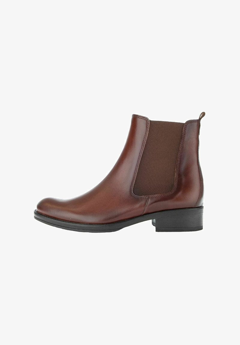 Brown leather Chelsea boot with elastic side panels, smooth texture, rounded toe, and low block heel. Includes back pull tab for easy wear.