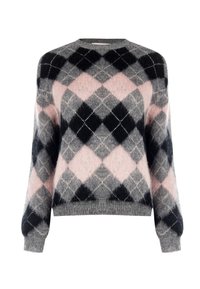 Maglione morbido a maglia con motivo argyle grigio, nero e rosa, dotato di maniche lunghe e scollatura rotonda.