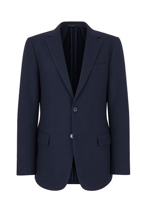 Granatowy marynarka uszyta z teksturowanej tkaniny, z jednorzędowym zapięciem, klapami i jedną kieszenią na piersi.