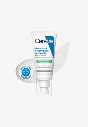 CeraVe mattierende Gel-Creme in einer weißen Tube mit blauem Logo. Klare Pump-Dispenser mit einem dermatologischen Empfehlungslabel.