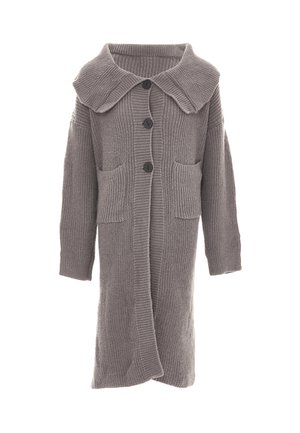 Szary kardigan z dzianiny z szerokim kołnierzem, długimi rękawami, czterema guzikami z przodu oraz dwiema kieszeniami z przodu. Posiada ryflowaną fakturę oraz miękki materiał.