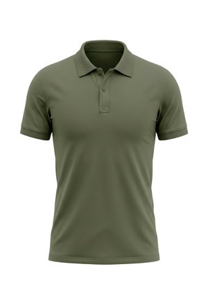 Groen poloshirt met korte mouwen, twee knopen en geribbelde kraag en boorden, afgebeeld op een witte achtergrond.