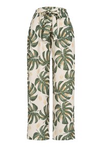 Pantalones de pierna ancha con estampado y cinturilla elástica, con motivos de hojas de palma verdes sobre un fondo crema y un cinturón de tela atado.