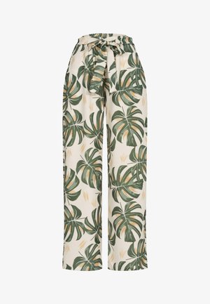 Kuvioidut leveälahkeiset housut, joissa on joustava vyötärö, vihreitä palmulehtikuvioita kermavalkoisella taustalla ja sidottu kangasvyö.