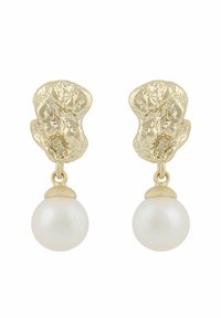 Guldtonade hängörhängen har en texturerad abstrakt design med en stor pärla i botten, som visar en slät, glänsande yta.