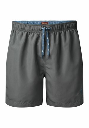 Short de bain gris en tissu léger avec une taille élastique et des cordons de serrage bleus, comportant un petit logo en bas à gauche.