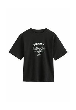 Schwarzes Baumwoll-T-Shirt mit einem weißen Cartoon-Snoopy, der Gewichte hebt, auf der Vorderseite gedruckt. Kurzärmlig mit Rundhalsausschnitt.