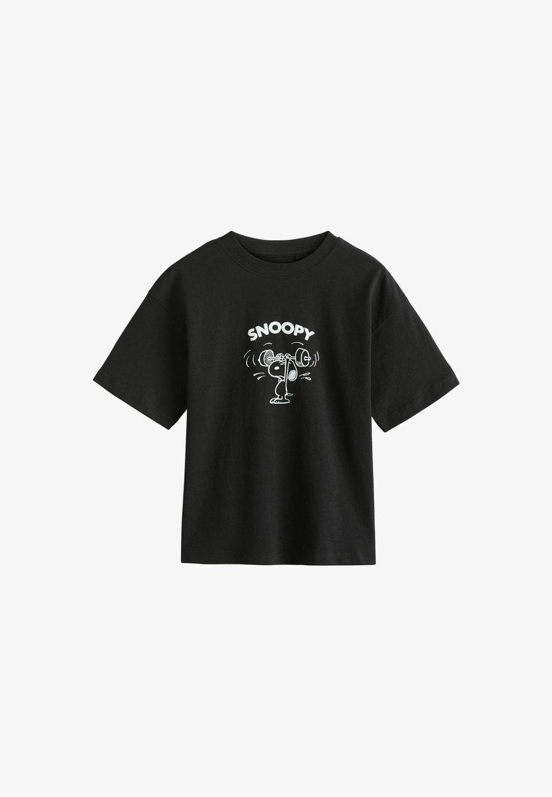 T-shirt en coton noir avec un imprimé blanc de Snoopy en dessin animé soulevant des poids sur le devant. Manches courtes et col rond.