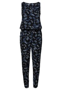 Combinaison noire sans manches avec des motifs paisley bleus et blancs et floraux, avec un haut ample et un pantalon fuselé.