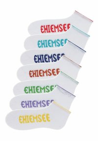 Set aus weißen Knöchelsocken mit buntem, gesticktem "EHIEMSEE"-Text in Rot, Blau, Grün, Lila, Orange und Gelb auf jedem Paar.