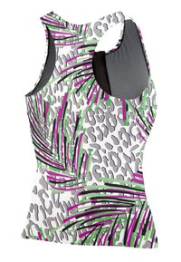 Débardeur en tissu blanc à motifs avec des taches de léopard grises et des rayures vertes et violettes vives ; design sans manches avec une découpe en racerback.