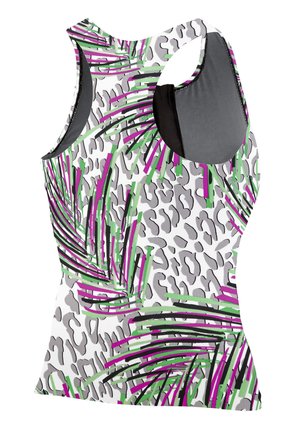 Tanktop aus einem weißen, gemusterten Stoff mit grauen Leopardenflecken und kräftigen grünen und lila Streifen; ärmelloses Design mit Racerback.