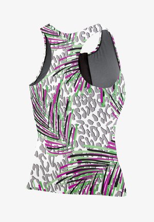 Débardeur en tissu blanc à motifs avec des taches de léopard grises et des rayures vertes et violettes vives ; design sans manches avec une découpe en racerback.