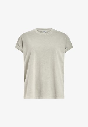 Lys grå kortærmet t-shirt lavet af blødt stof, med rund hals og opsmøgede ærmer, samt en afslappet pasform.