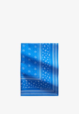 Blue bandana featuring white floral patterns and stripes. Made of soft fabric, it has a square shape and a smooth texture.