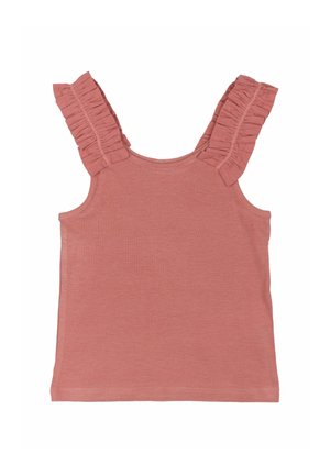 Ærmeløs støvet pink ribbet tanktop med brede volantsstropper.
