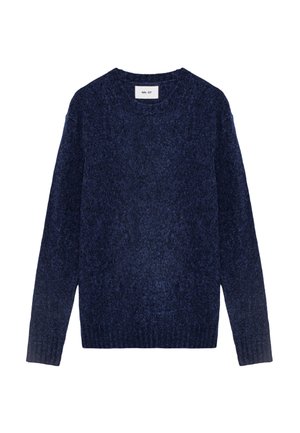 Navy blue knit sweater with a crew neckline, long sleeves, and ribbed hem. Soft texture with a subtle pattern throughout.