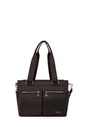 Bolso tote de nailon marrón con dos cremalleras frontales, herrajes en tono dorado, asas dobles y correa de hombro desmontable; forma rectangular, textura suave.